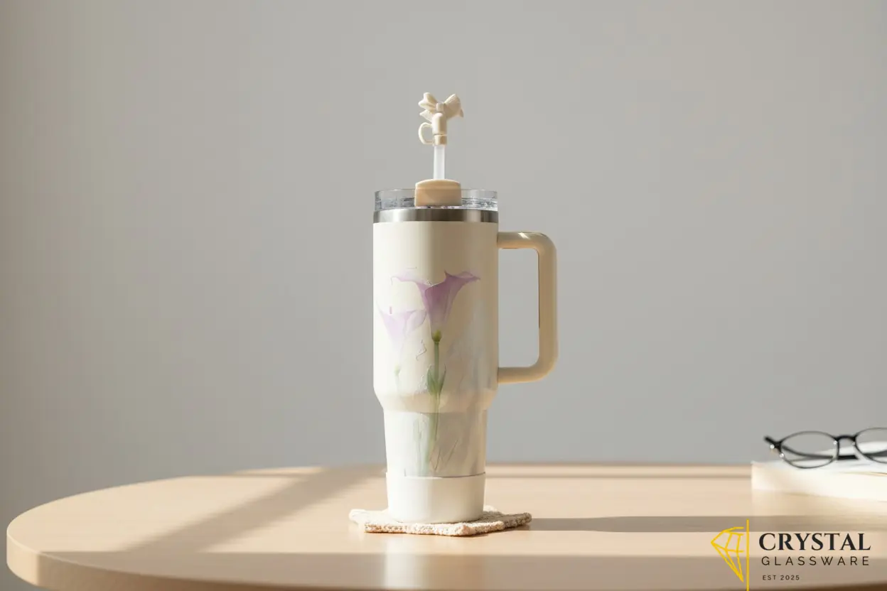 Insulated stainless steel travel tumbler features a matching straw topper and a convenient side handle